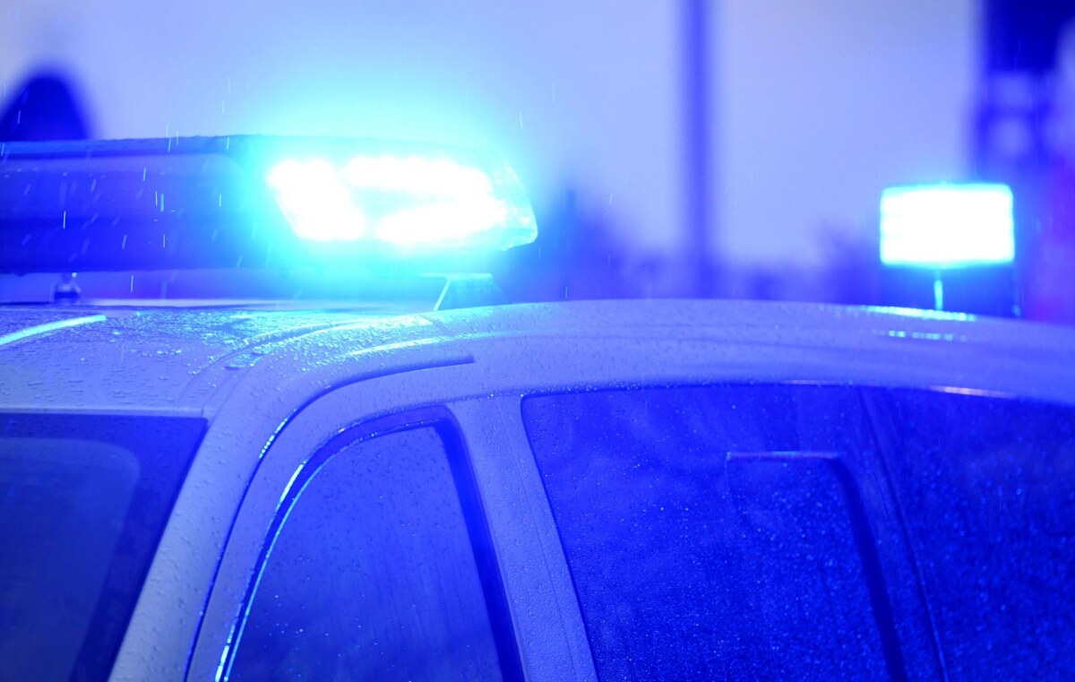 Blaulichter leuchten auf dem Dach eines Polizeifahrzeugs.