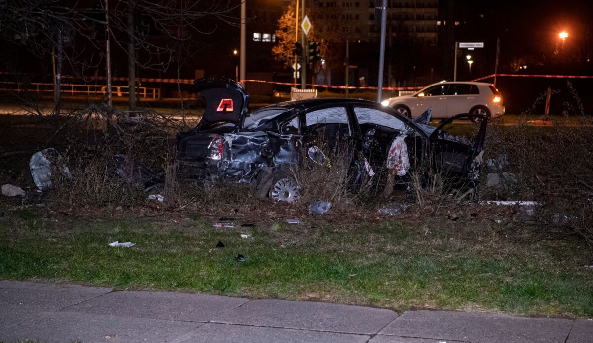 Ein zerstörter Pkw steht zwischen Gehölz an der Landesberger Allee. Foto: Paul Zinken/dpa