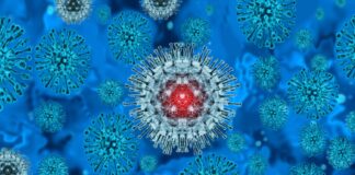 3d Virus Hintergrund, Affenpocken Konzept, Nahaufnahme von Virusmolekülen auf blauem Hintergrund, medizinischer Hintergrund mit Virusmolekülen