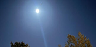 Blick vom Balkon in Schöneweide: Der helle Punkt über dem Mond ist der Jupiter. Bild: Sara Klinke