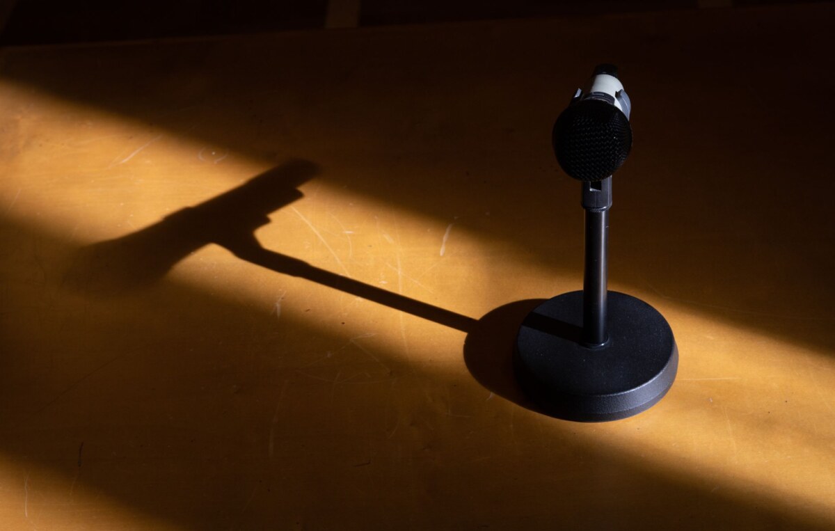 Gerichtsmikrofon Wegen des gewaltsamen Todes ihrer Schwester stehen zwei Männer vor Gericht. Foto: Friso Gentsch/dpa/Symbolbild
