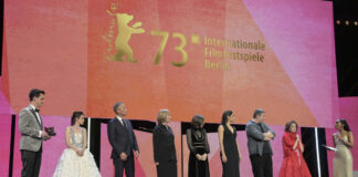 Jo Schück, Kristen Stewart, Johnnie To, Valeska Grisebach, Carla Simon, Golshifteh Farahani, Radu Jude, Francine Maisler und Hadnet Tesfai bei der Festivaleröffnung