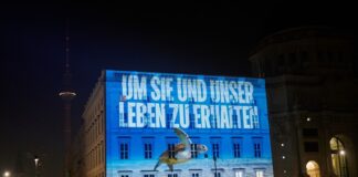 „Um sie und unser Leben zu erhalten“ ist in den frühen Morgenstunden zusammen mit einer Riesenschildkröte auf dem Humboldt Forum zu lesen und zu sehen.