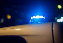 Ein Blaulicht leuchtet auf dem Dach eines Polizeifahrzeugs.