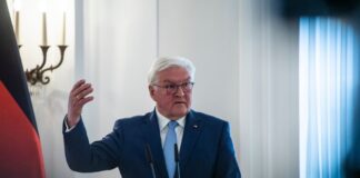 Bundespräsident Frank-Walter Steinmeier spricht bei einem Empfang.