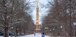 Eine Frau geht mit ihrem Hund vor der Kulisse der Siegessäule im verschneiten Tiergarten spazieren.