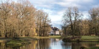 Das Schloss im Fürst-Pückler-Park spiegelt sich in einem Gewässer.