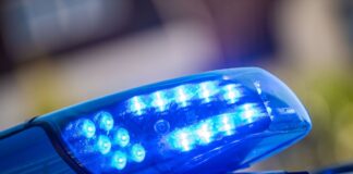 Ein Blaulicht leuchtet auf dem Dach eines Polizeifahrzeugs.
