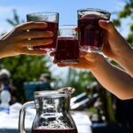 Gäste stoßen unter Obstbäumen beim 145. Baumblütenfest mit Obstwein an.