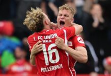 Andras Schäfer und Benedict Hollerbach feiern am 34. Spieltag den Klassenerhalt mit Union Berlin. 