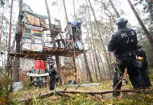 Höhenretter der Polizei holen Umweltaktivisten im Tesla-Protestcamp von Baumhäusern.