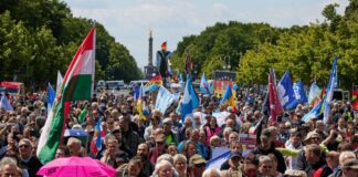 Bei einer Kundgebung vor dem Brandenburger Tor versammelten sich Hunderte von Demonstranten unter anderem mit vielen Friedensfahnen.