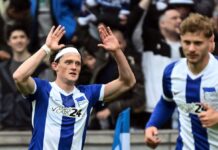 Herthas Fabian Reese (l) gab erst seine Vertragsverlängerung bekannt und erzielte dann den Ausgleich für die Berliner.