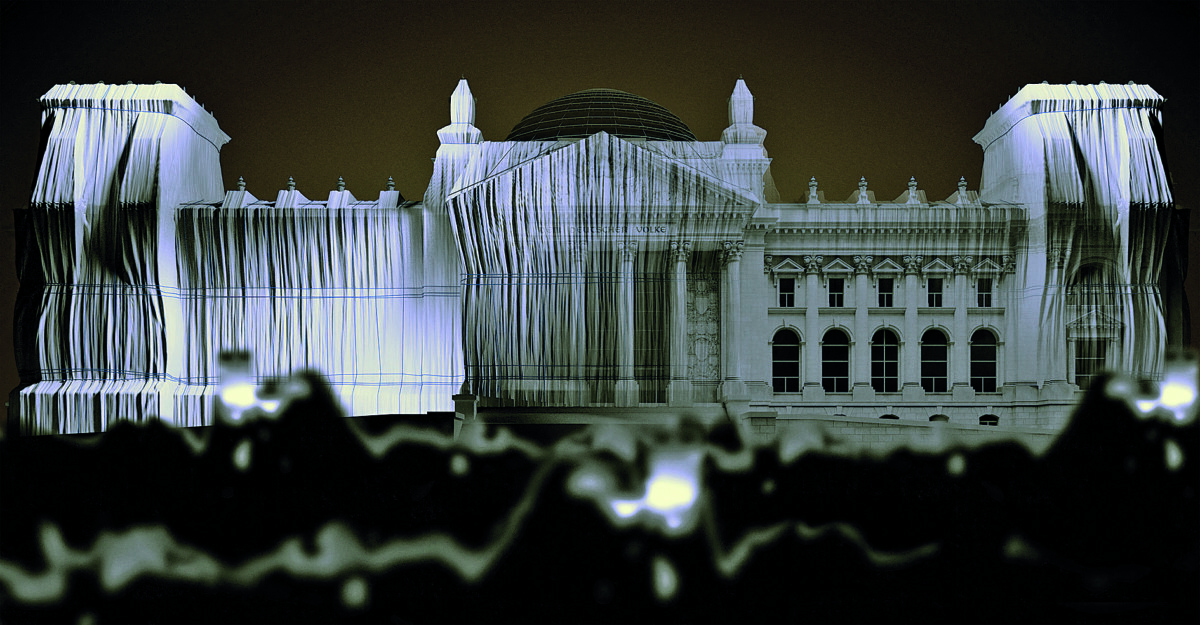 Erinnerungen an einen großartigen Sommer: die virtuelle Reichstagsverhüllung. Bild: 3D Simulation Dorian Rigal Minuit, Art Direction Anna Bacheva/dpa Erinnerungen an einen großartigen Sommer: die virtuelle Reichstagsverhüllung. Bild: 3D Simulation Dorian Rigal Minuit, Art Direction Anna Bacheva/dpa