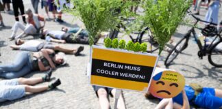 Als Warnung vor den möglichen Folgen des Klimanwandels legten sich etliche Demonstranten am Pariser Platz wie tot auf den Boden. 