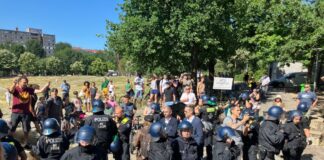 Demonstrierende und Polizisten stehen im Görlitzer Park. 