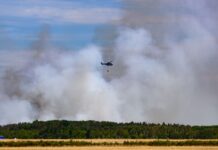 Beim Kampf gegen die Flammen in der Gohrischheide kommen auch Löschhubschrauber zum Einsatz. 