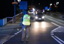 Ein polnischer Grenzschützer steht hinter der Stadtbrücke von Görlitz und winkt ein Fahrzeug zur Kontrolle raus. Polen hat vorübergehend die Grenzkontrollen an der deutsch-polnischen Grenze wieder aufgenommen. (Foto aktuell)
