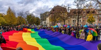 CSD in Cottbus: Hunderte feiern unter Polizeibegleitung Eine XXL-Regenbogenfahne beim CSD in Cottbus - das Motto des CSD lautete: «Vereint in Frieden und Vielfalt.»