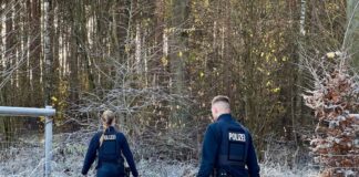 Polizisten suchen bei einem Einsatz in einem Wald nach einem vermeintlichen Känguru. 