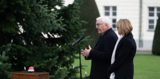 Bundespräsident Frank-Walter Steinmeier (l) und seine Frau Elke Büdenbender schalten die Beleuchtung des Weihnachtsbaums vor dem Schloss Bellevue ein. 