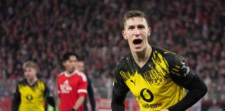3:0 bei Union: Kampfstarke Dortmunder nutzen Bayern-Patzer Nico Schlotterbeck bejubelt seinen Kopfballtreffer zum 2:0.