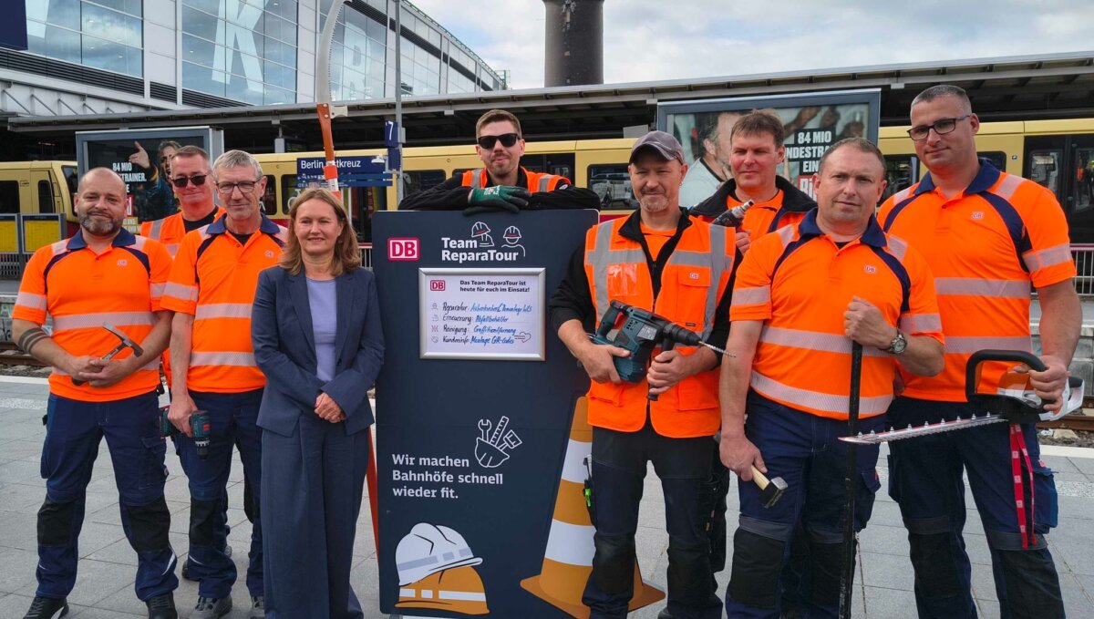 Mehr Sicherheit und Sauberkeit an Bahnhöfen Katja Hüske, Vorständin der DB InfraGo, stellte das Handwerkerteam unter anderem für Berlin vor.