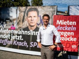 SPD setzt im Wahlkampf auf Sauberkeit und Mietendeckel Berlins SPD-Spitzenkandidat Steffen Krach ist selbst auf vielen Plakaten für die heiße Phase des Wahlkampfs zu sehen.