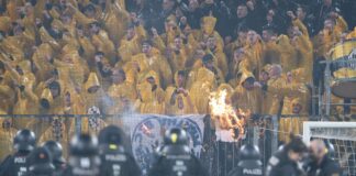 Strafe ausgesetzt – Dynamo kann K-Block öffnen Das Spiel Dresden gegen Hertha BSC im April wurde von Ausschreitungen überschattet. (Archivbild)