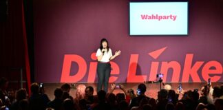 Wahlsiegerin Elif Eralp (Die Linke) spricht auf einer Wahlparty der Berliner Linken. (Archivbild) 