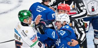 Nach der Niederlage der Eisbären Berlin in Mannheim sieht Angreifer Frederik Tiffels (l) Steigerungspotenzial. 
