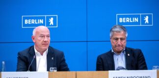 Kai Wegner (links), Regierender Bürgermeister Berlins, und der Olympiabeauftragte Kaweh Niroomand erklärten das Aus der Berliner Bewerbung.