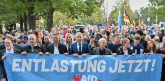 AfD demonstriert mit Höcke an der Spitze am Tag der Einheit AfD-Politiker und ihre Anhänger demonstrieren mit Thüringens Landesvorsitzendem Björn Höcke an der Spitze in Fürstenwalde.