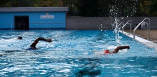 Badegäste in Neoprenanzügen schwimmen im Herbst Bahnen im Prinzenbad. (Archivbild) 