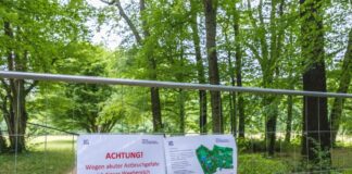 Fast alle Wege im Branitzer Innenpark wieder geöffnet Schilder an einem Zaun weisen auf gesperrte Wege hin. (Archivbild)