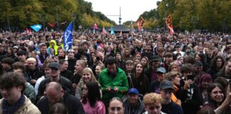 Hunderte Menschen bei Kundgebung gegen Wehrpflicht Hunderte Menschen versammelten sich am Abend zu einer Kundgebung gegen die geplante Wehrpflicht vor dem Brandenburger Tor.